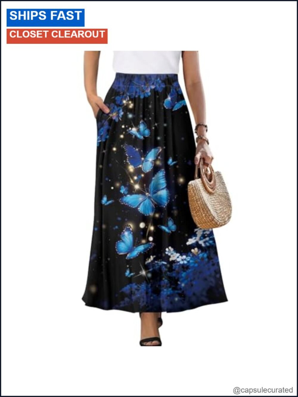 Women's Long Pleated Midi Maxi Skirt Pockets High Waist Flowy A-Line